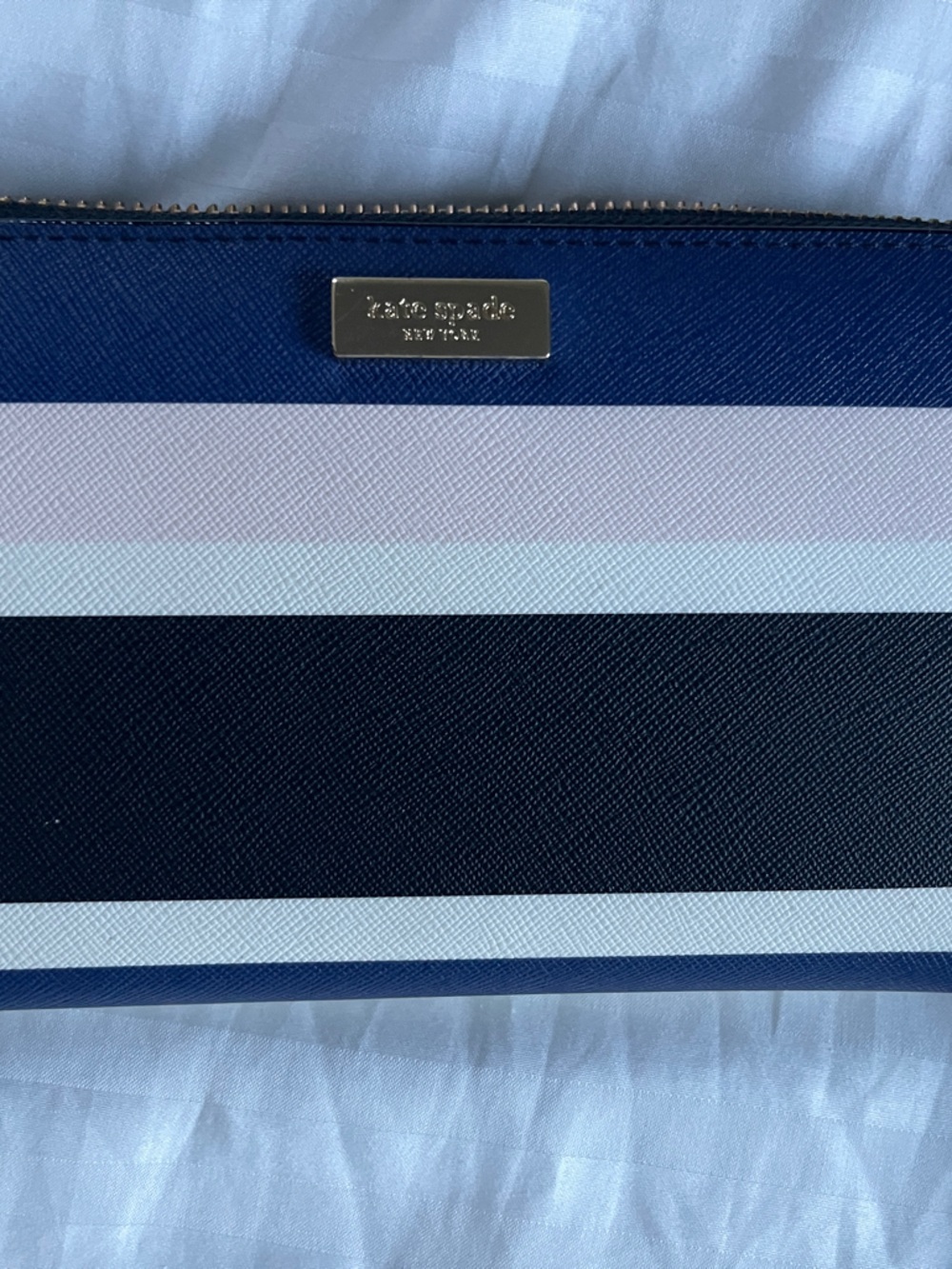 kate spade Navy, Black & White Striped Zip Around Wallet - Picture 1 of 3